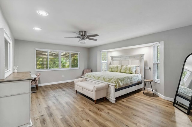 bedroom with light wood-style flooring, baseboards, ceiling fan, and recessed lighting