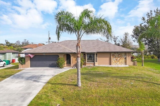 single story home with roof with shingles, stucco siding, an attached garage, a front yard, and driveway