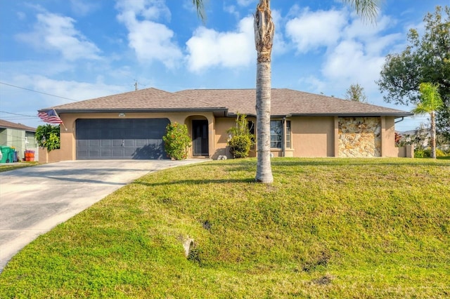 ranch-style house featuring a garage, driveway, stone siding, stucco siding, and a front yard