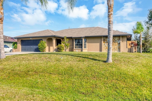 ranch-style home featuring an attached garage, concrete driveway, roof with shingles, stucco siding, and a front lawn