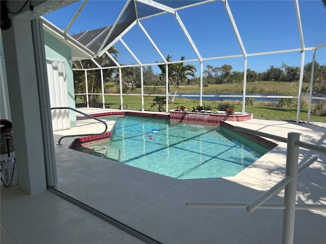 pool with a patio, a water view, and a lanai