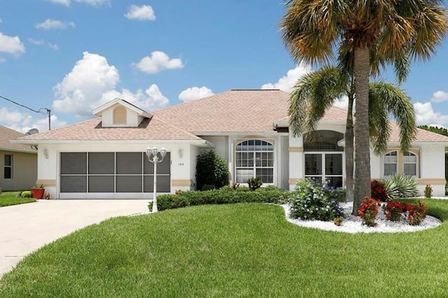 ranch-style house with a garage, a front yard, driveway, and stucco siding