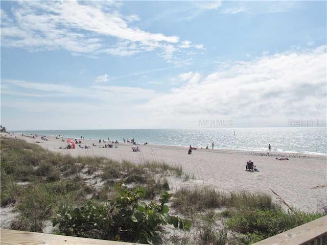 view of water feature with a beach view