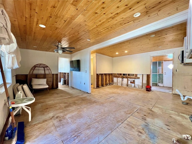 interior space featuring a ceiling fan and wooden ceiling