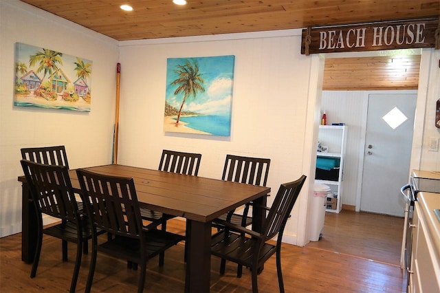 dining space featuring wooden ceiling, wood finished floors, and recessed lighting