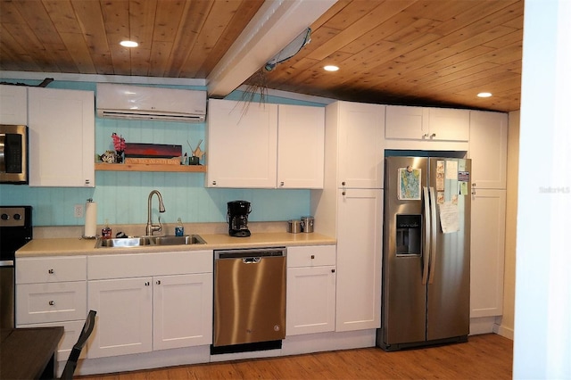 kitchen featuring a wall unit AC, wooden ceiling, appliances with stainless steel finishes, white cabinetry, and a sink