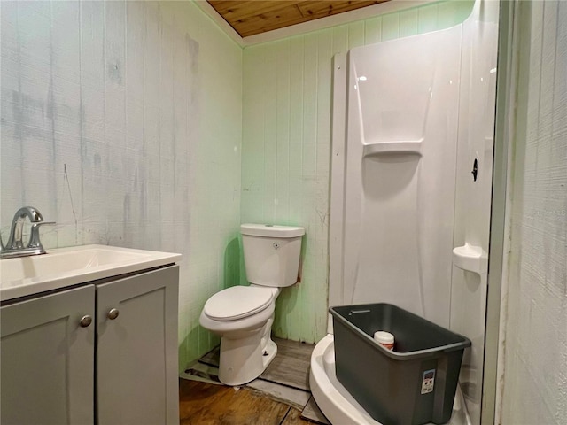 bathroom with toilet, wood ceiling, wood finished floors, and vanity