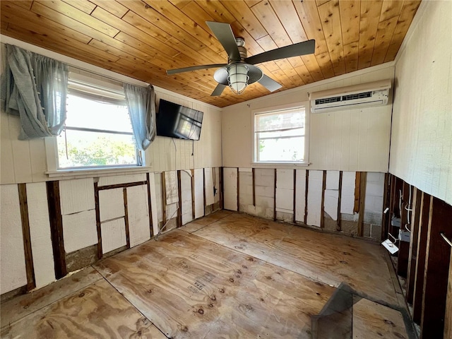 spare room with a healthy amount of sunlight, wood ceiling, and an AC wall unit