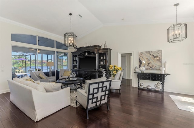 living area with a chandelier and wood finished floors