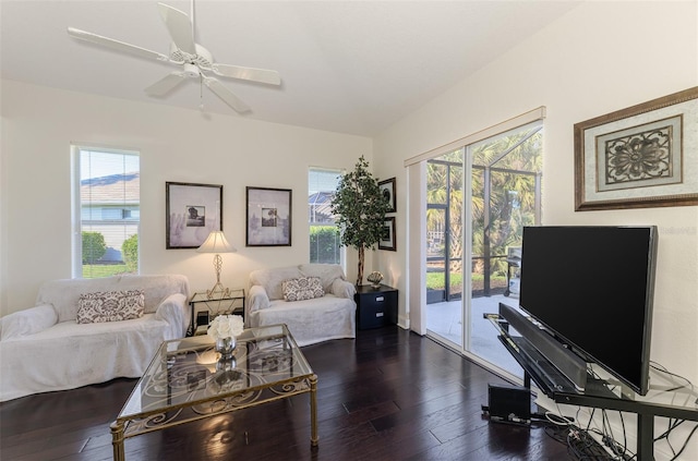 living room featuring wood finished floors, a ceiling fan, and a healthy amount of sunlight