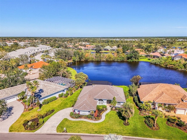 aerial view with a water view and a residential view