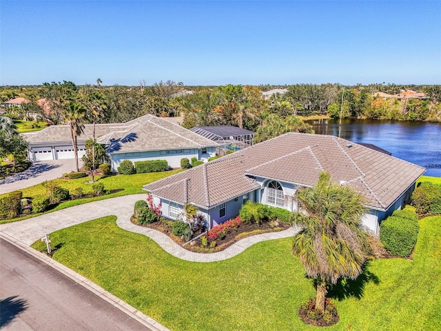 drone / aerial view with a water view