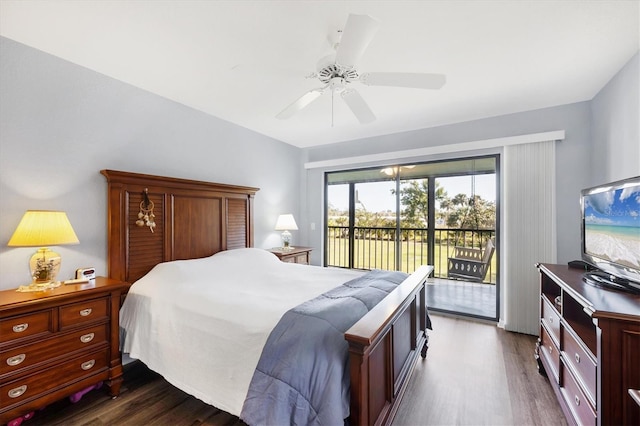 bedroom featuring access to exterior, dark wood-type flooring, and ceiling fan