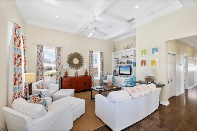 living room with plenty of natural light, beam ceiling, coffered ceiling, and dark wood-type flooring