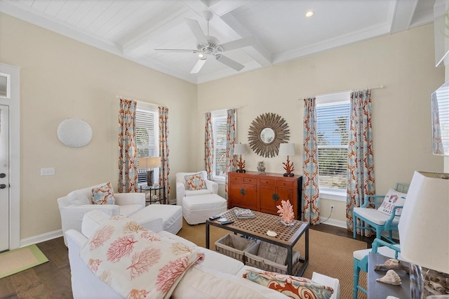 living area with beamed ceiling, coffered ceiling, wood finished floors, and baseboards