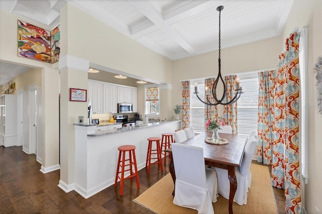 dining space featuring a notable chandelier, coffered ceiling, baseboards, beam ceiling, and dark wood-style floors