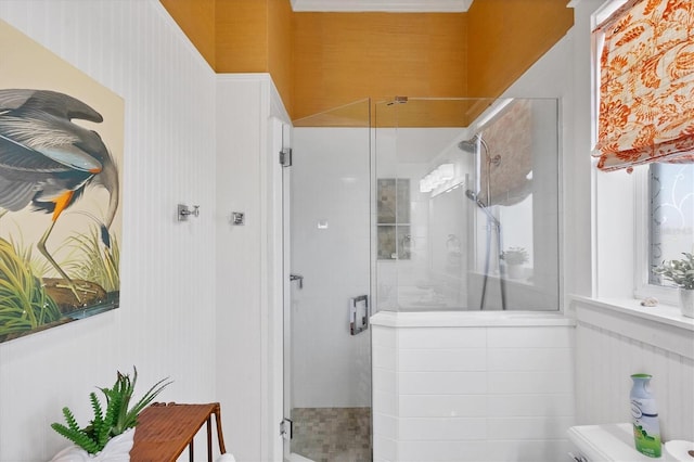 full bathroom featuring toilet and a shower stall