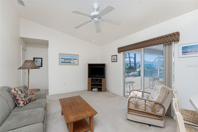 living room featuring visible vents, baseboards, ceiling fan, vaulted ceiling, and carpet flooring