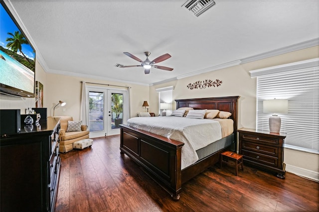 bedroom featuring visible vents, dark wood-style flooring, french doors, crown molding, and access to outside