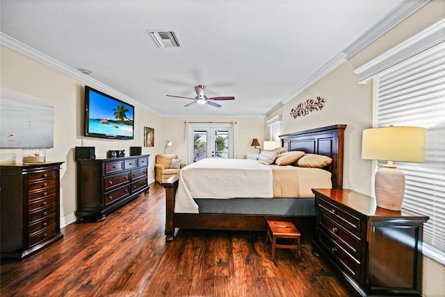 bedroom with visible vents, crown molding, french doors, a ceiling fan, and dark wood-style flooring