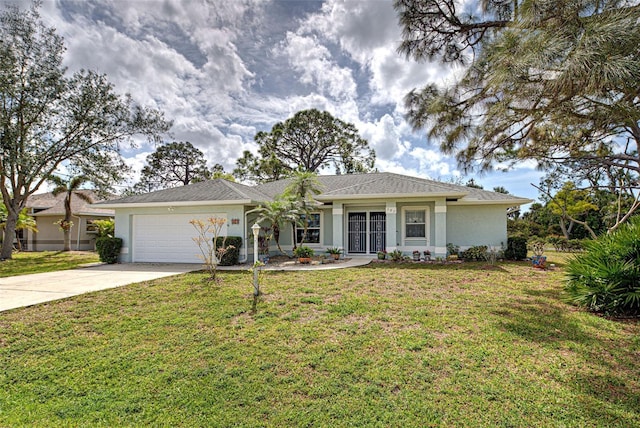 ranch-style home with a front yard, a garage, driveway, and stucco siding