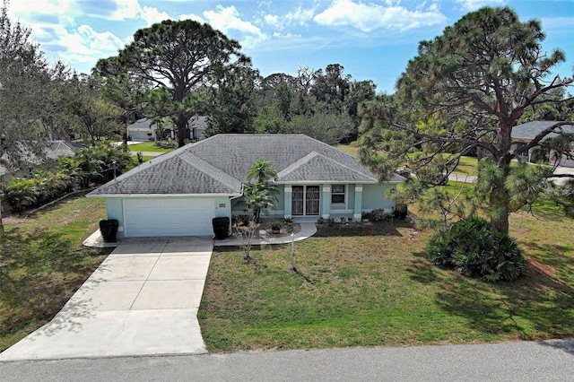 single story home with roof with shingles, stucco siding, a front yard, a garage, and driveway