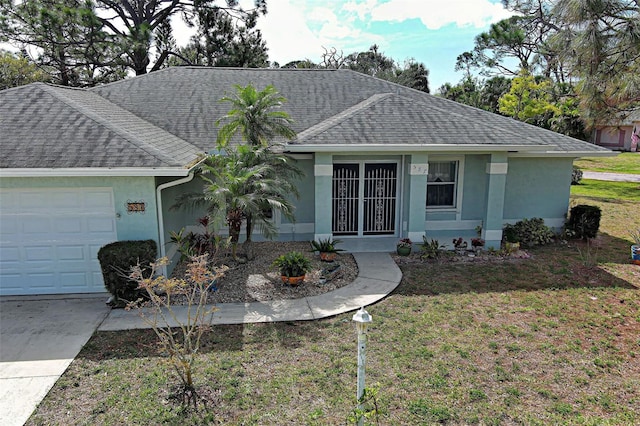 ranch-style house with a garage, a shingled roof, a front yard, and stucco siding