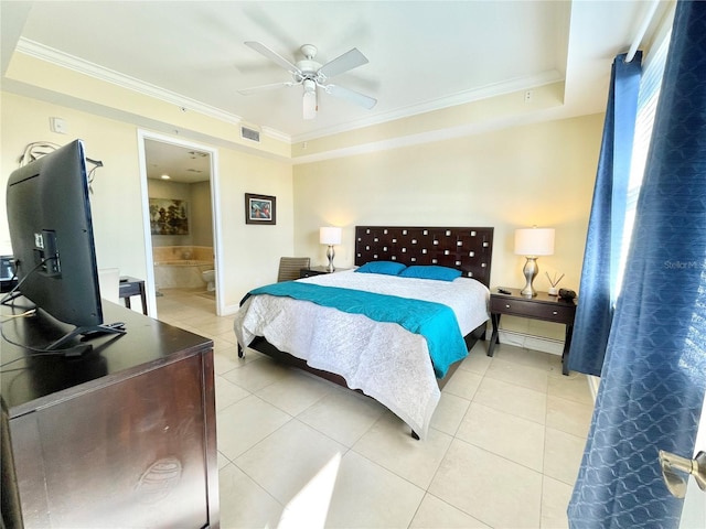 bedroom featuring a tray ceiling, visible vents, light tile patterned flooring, and crown molding