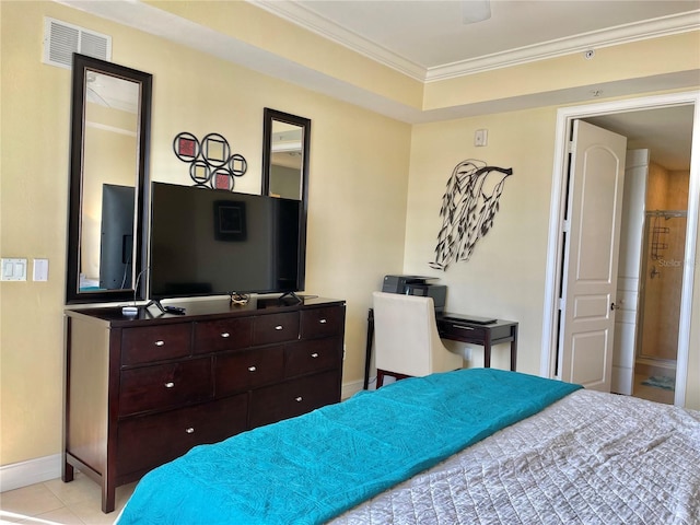 bedroom featuring light tile patterned floors, visible vents, crown molding, and baseboards