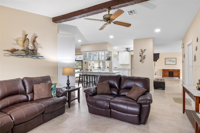 living room with beamed ceiling, visible vents, a ceiling fan, recessed lighting, and light tile patterned flooring