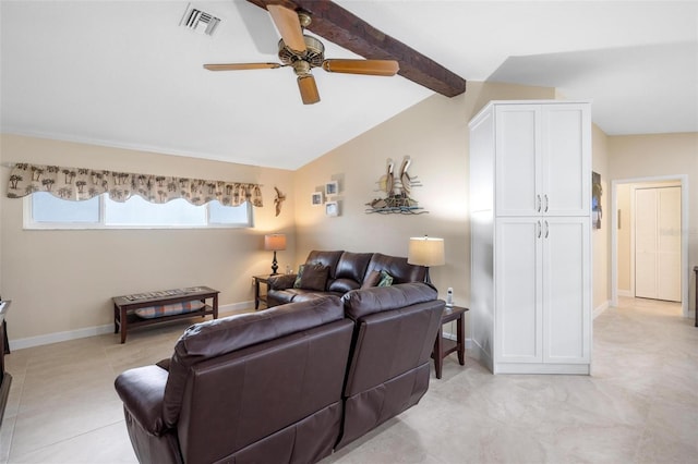 living room featuring light tile patterned floors, visible vents, baseboards, vaulted ceiling with beams, and ceiling fan