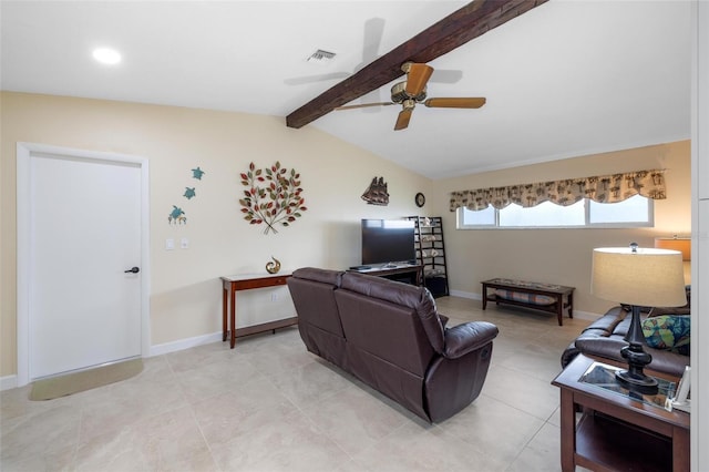 living room with light tile patterned floors, a ceiling fan, baseboards, visible vents, and vaulted ceiling with beams