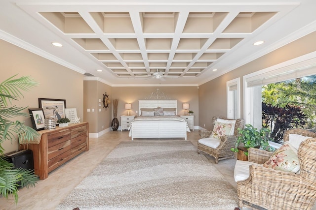 bedroom with recessed lighting, baseboards, coffered ceiling, and ornamental molding