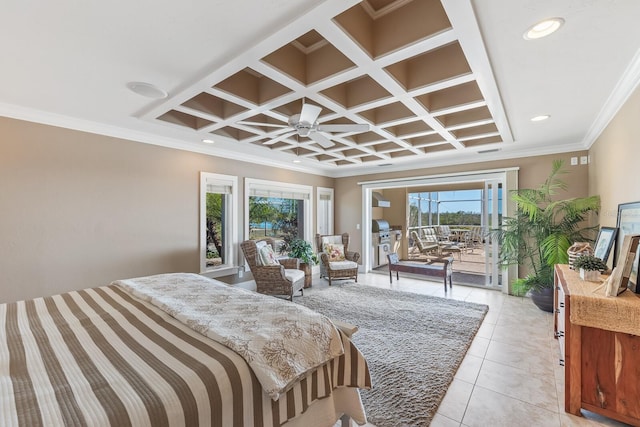 bedroom with access to outside, light tile patterned floors, coffered ceiling, and ornamental molding