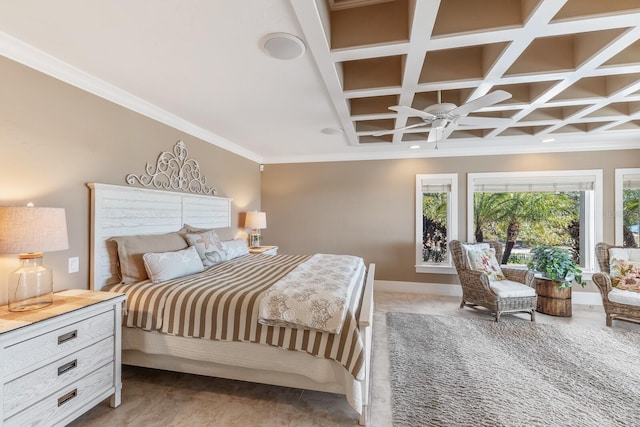 bedroom with baseboards, ornamental molding, light tile patterned floors, beam ceiling, and coffered ceiling