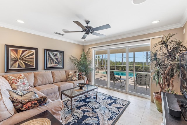 living room featuring light tile patterned floors, visible vents, recessed lighting, ceiling fan, and crown molding