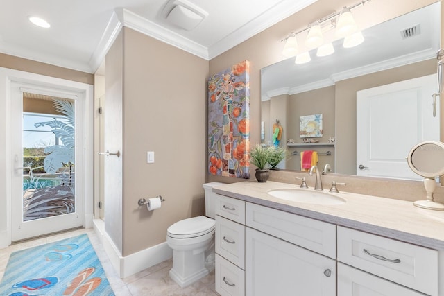 bathroom with vanity, visible vents, crown molding, toilet, and tile patterned floors