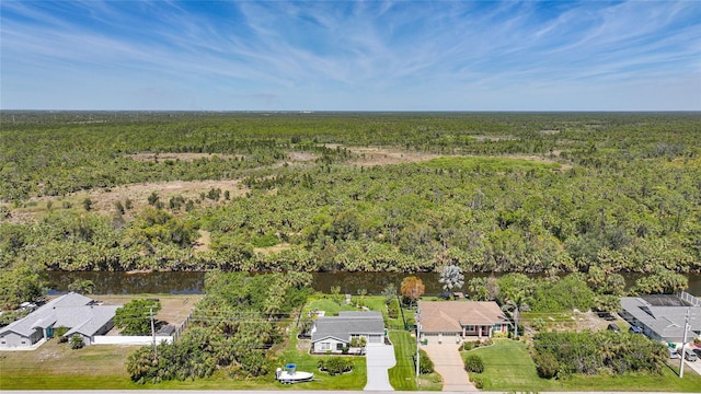 drone / aerial view featuring a wooded view and a water view