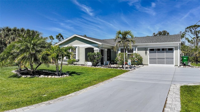 ranch-style house with stucco siding, concrete driveway, a garage, and a front yard