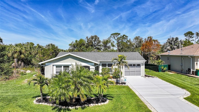 ranch-style house featuring a garage, driveway, a front lawn, and stucco siding