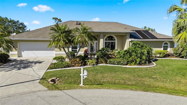 single story home featuring roof with shingles, stucco siding, a front lawn, concrete driveway, and a garage