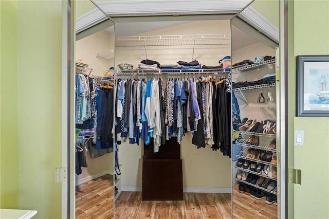 walk in closet with wood finished floors