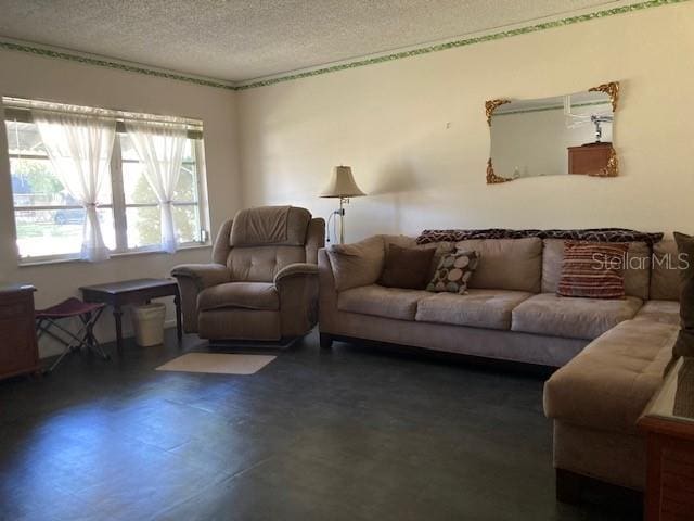 living area with finished concrete floors and a textured ceiling