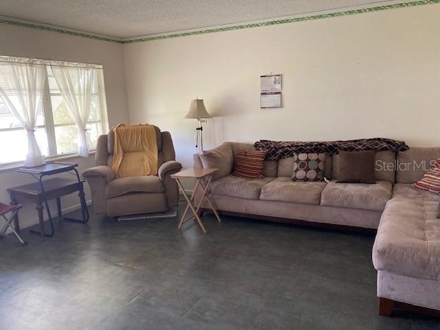 living room with a textured ceiling