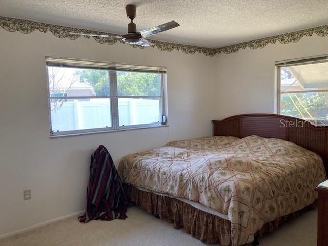 bedroom with a ceiling fan, carpet, multiple windows, and a textured ceiling