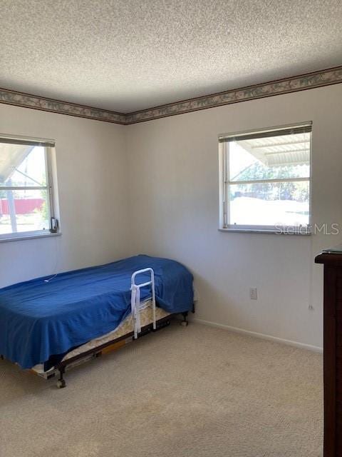 bedroom featuring a textured ceiling, multiple windows, carpet, and baseboards