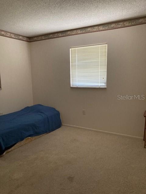 unfurnished bedroom with baseboards, a textured ceiling, and carpet flooring