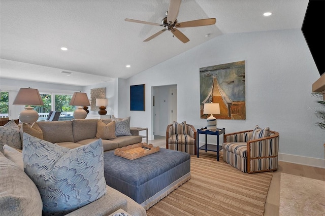 living room featuring vaulted ceiling, wood finished floors, recessed lighting, and baseboards