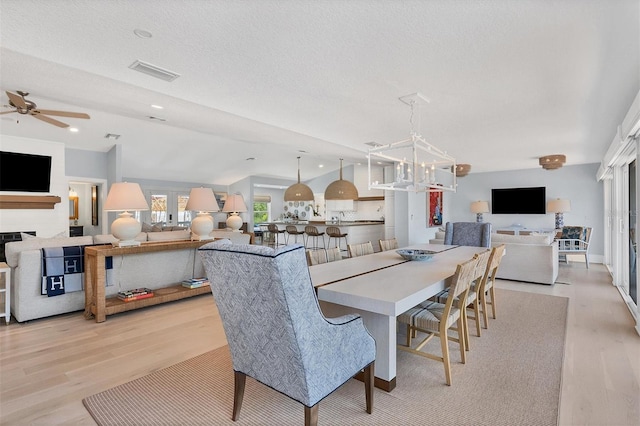 dining room with visible vents, ceiling fan with notable chandelier, a textured ceiling, light wood-style floors, and a fireplace