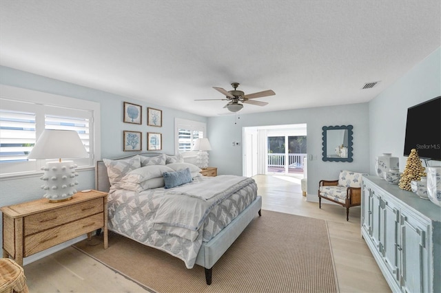 bedroom with ceiling fan, visible vents, access to exterior, and light wood finished floors